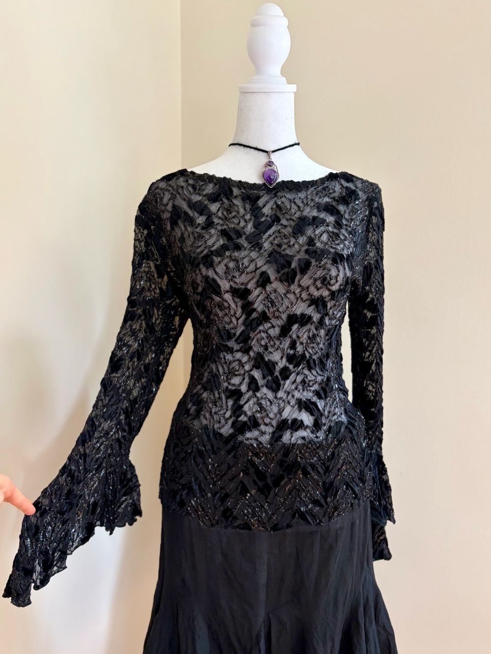 Vintage Y2K Cache burnout velvet floral ruffle bell sleeve black formal top S
